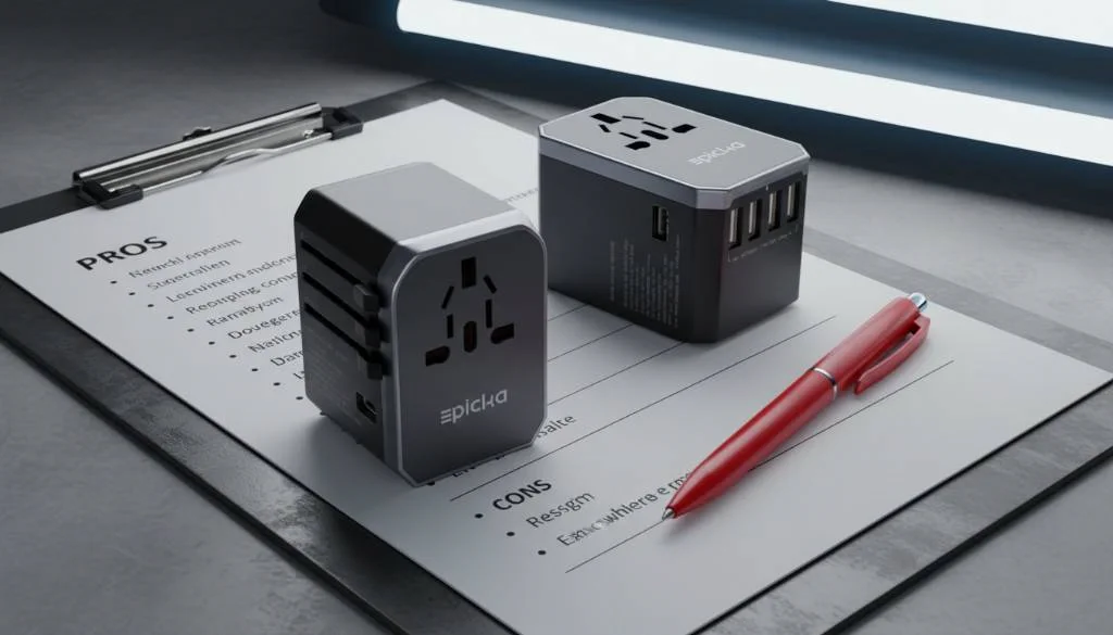 Two charcoal-gray universal travel adapters with USB ports and silver trim sit on a metallic inspector's clipboard next to a checklist and red pen.
