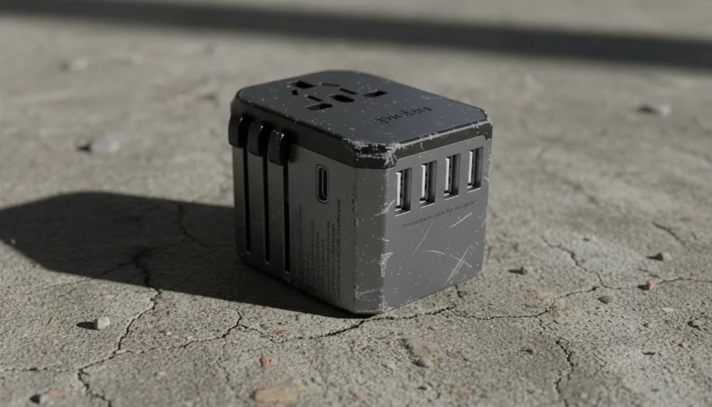 Worn charcoal-gray universal travel adapter with four USB-A ports and international plug sliders on a distressed concrete surface.