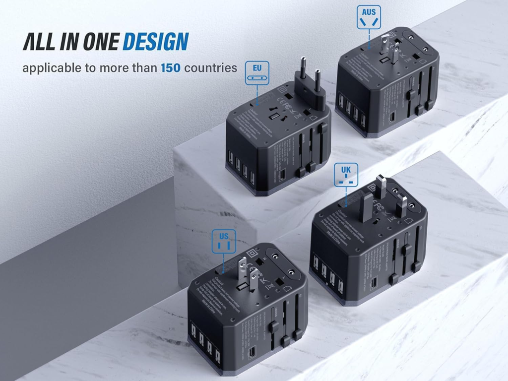 Universal all-in-one travel adapter with US, UK, EU, AUS plugs and multiple USB ports