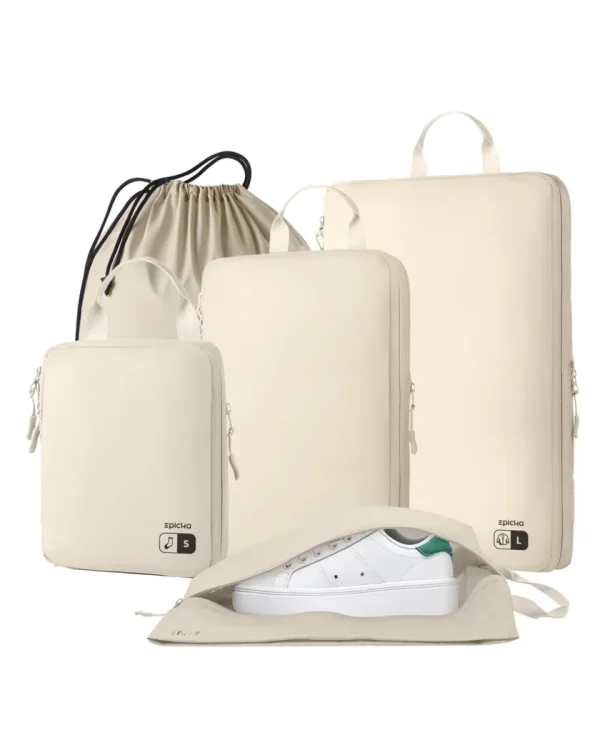 Epicka cream travel organizer set with packing cubes, shoe bag, and drawstring pouch