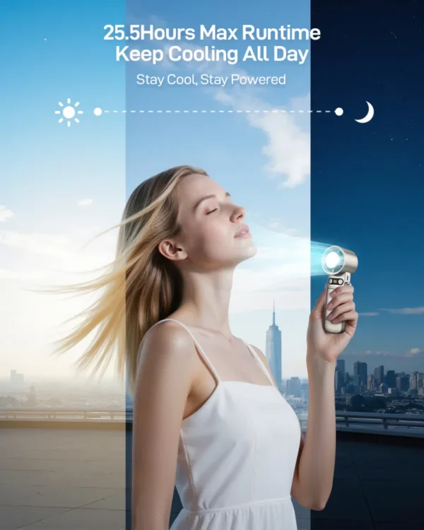 day-night-cooling-foldable-turbo-handheld-fan Woman staying cool all day with a 25.5-hour portable fan.