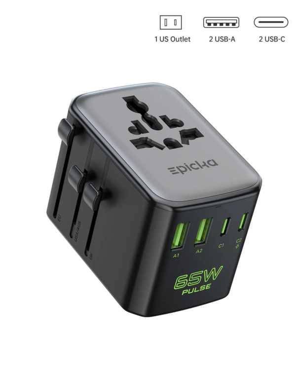 epicka-pulse-duo-65w-travel-adapter Epicka 65W Pulse universal travel adapter with multi-region plugs, 2 USB-A, 2 USB-C ports, and 1 AC outlet.