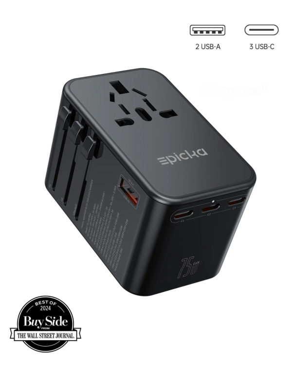 Epicka 75W GaN universal travel adapter with 3 USB-C and 2 USB-A ports, Wall Street Journal Best of 2024 award.