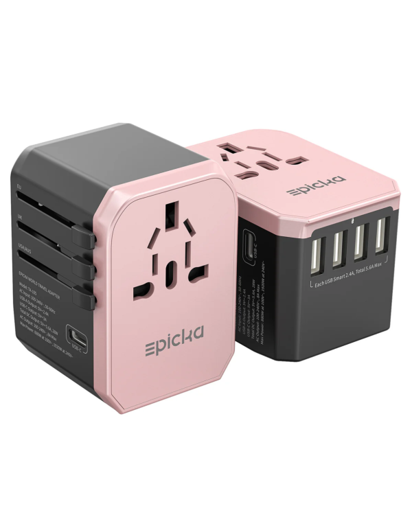Pink Epicka universal travel adapter charger with USB-C and multiple USB ports