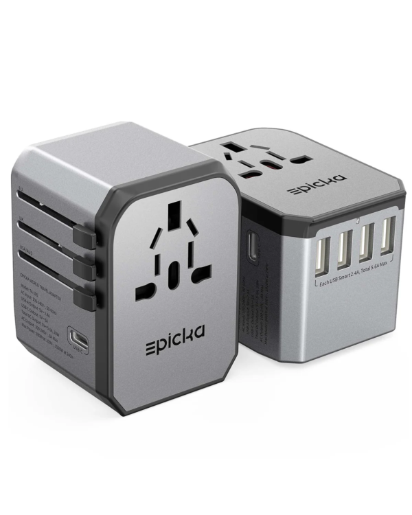 Epicka universal travel adapter with EU, UK, USA/AUS plugs and USB-A, USB-C ports