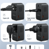 Epicka universal travel adapter with multi-type AC sockets (A/B, C/E/F/J/L/N, G, I), USB ports, and dual voltage support.