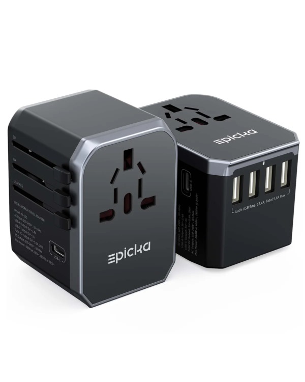 Epicka universal travel adapter with USB-C and USB-A ports for international charging.