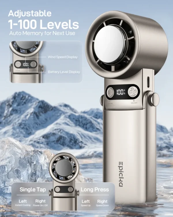 epickd-adjustable-foldable-turbo-handheld-fan Portable epicla handheld cooling fan with 1-100 adjustable levels and digital wind/battery display.