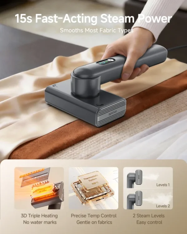 Epicka handheld garment steamer smoothing wrinkles on fabric, featuring 15s fast heating and two steam levels.