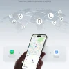 Apple Find My compatible wallet tracker shown on iPhone map with worldwide coverage.