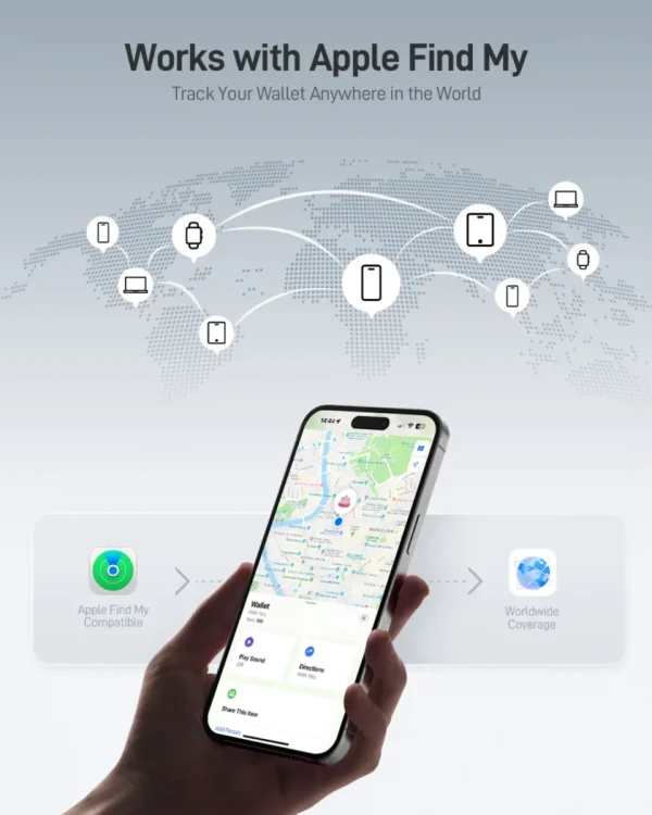 Apple Find My compatible wallet tracker shown on iPhone map with worldwide coverage.