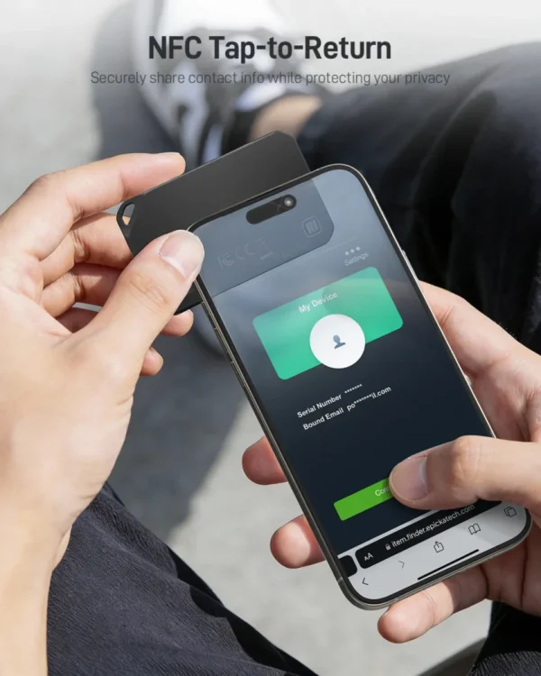 NFC Tap-to-Return tracker tapped to smartphone for secure contact sharing.