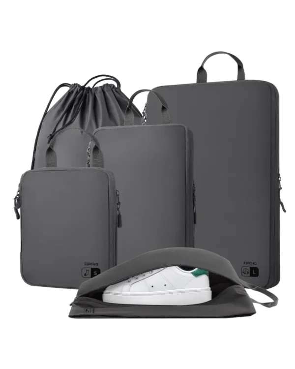 Epicka grey travel packing organizer set with shoe bag, laptop sleeve, and drawstring bag.