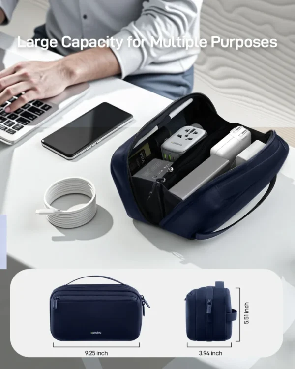 large-capacity-navy-electronics-organizer-travel-case Dark blue large capacity electronics travel organizer bag.