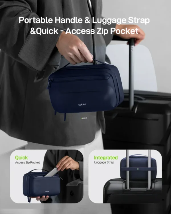 navy-portable-electronics-organizer-travel-case Epicka navy travel pouch with portable handle, quick-access zip pocket, and integrated luggage strap.