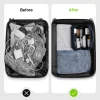 packing-electronics-organizer-travel-case Suitcase before and after, showing messy electronics versus organized tech in a travel organizer pouch.