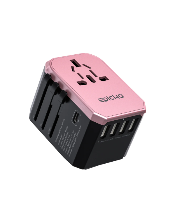 Epicka pink universal travel adapter with international plugs and USB-C ports