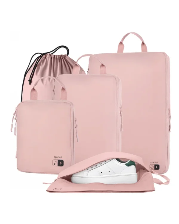 Pink Epicka travel packing cubes, shoe bag, and drawstring pouch.