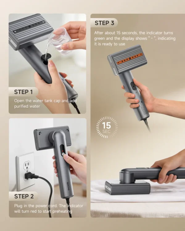 SPICHO handheld garment steamer instructions: fill water, plug in, preheat, steam clothes.