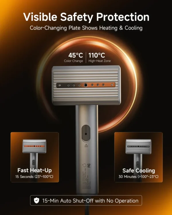 Handheld steamer with visible color-changing heat indicator, fast heat-up, and auto shut-off safety.