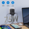 Epicka 75W universal travel adapter charging 6 devices via USB-C PD, USB-A QC, and AC socket.
