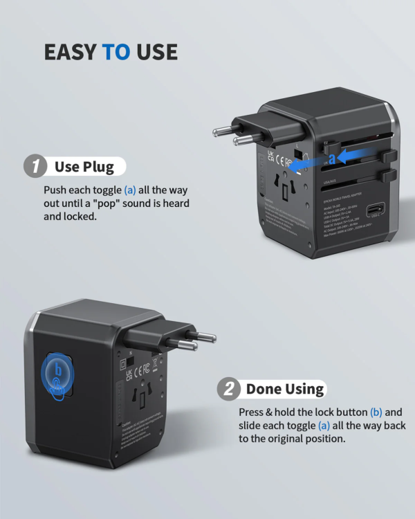 EPICKA universal travel adapter how-to guide for worldwide plugs and USB ports.