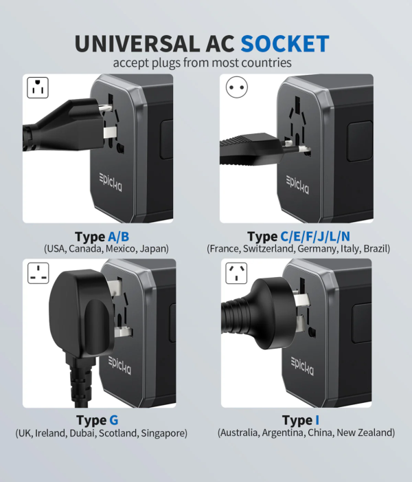 Epicka universal AC socket accepting international plugs