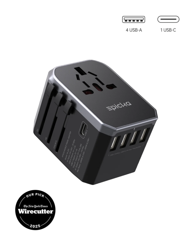 Epicka universal travel adapter with 4 USB-A and 1 USB-C ports, Wirecutter 2025 pick.