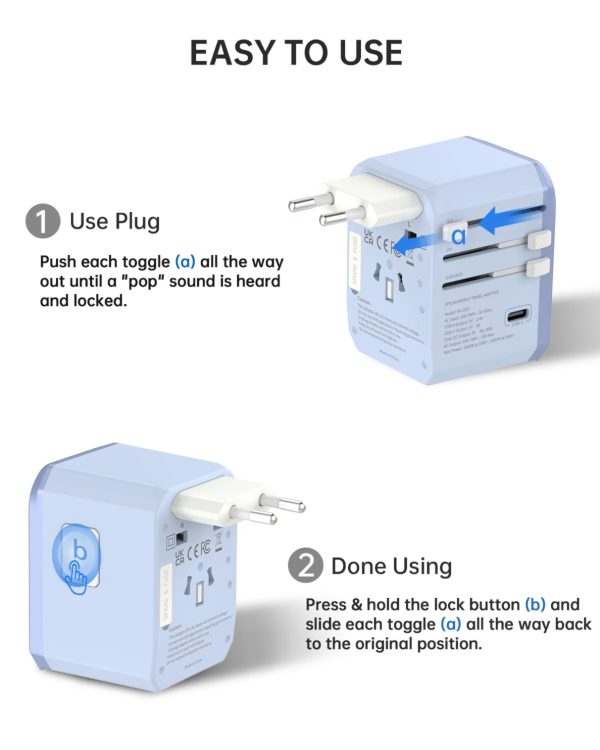 Universal travel adapter instructions for extending and retracting plugs.