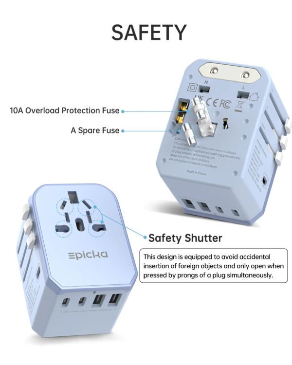 Epicka universal travel adapter safety features: 10A overload protection fuse, spare fuse, and safety shutter.