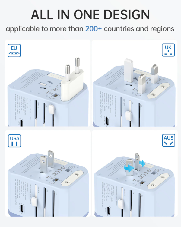 All-in-one universal travel adapter with EU, UK, USA, AU plugs and USB ports.