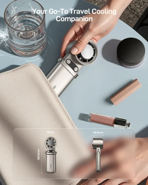 travel-foldable-turbo-handheld-fan Portable foldable travel cooling fan being packed with dimensions shown.