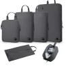 Epicko grey travel packing cube set with shoe bag and toiletry kit.