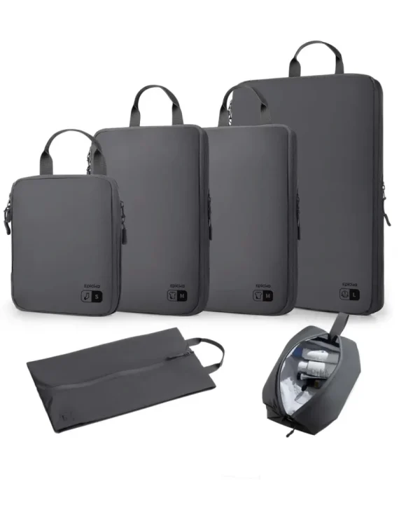 Epicko grey travel packing cube set with shoe bag and toiletry kit.