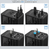 All-in-one universal travel adapter with EU, UK, USA, and AUS plug configurations.