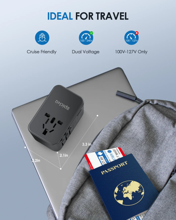 Universal travel power adapter with passport and boarding pass, ideal for cruises and featuring dual voltage (100-240V).