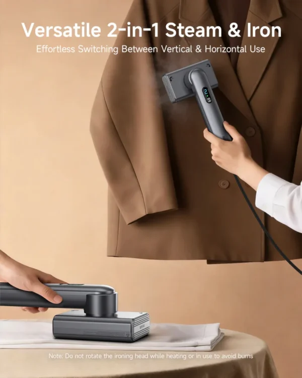 2-in-1 handheld garment steamer and iron, used for vertical steaming a blazer and horizontal ironing.