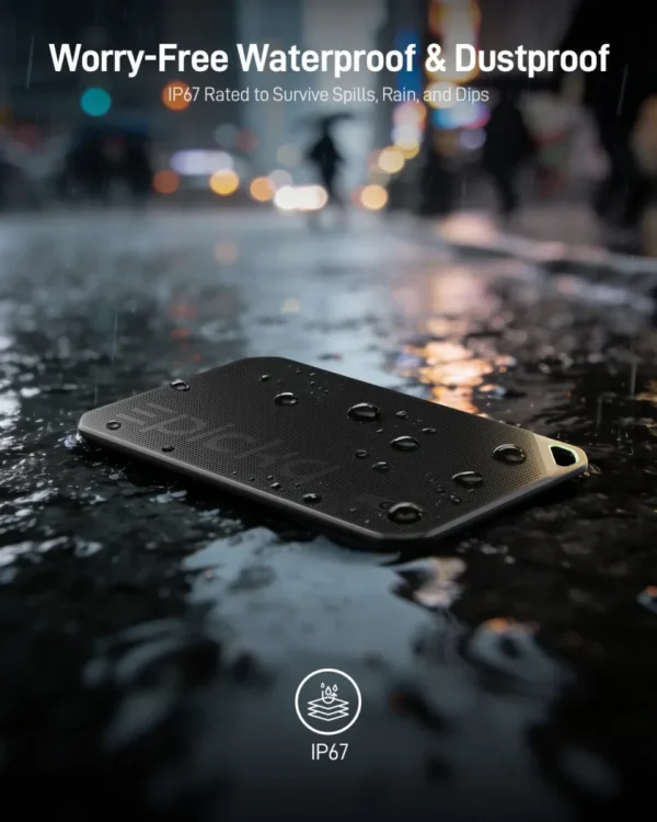 IP67 waterproof dustproof portable SSD on wet street with raindrops