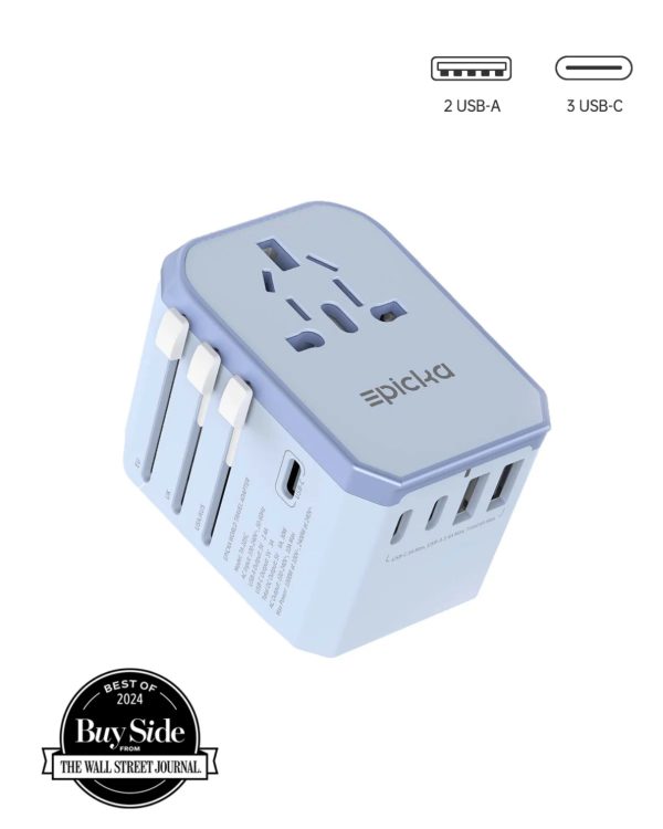 Epicka universal travel adapter with 2 USB-A, 3 USB-C ports, international plugs, and Wall Street Journal Best of 2024 award.